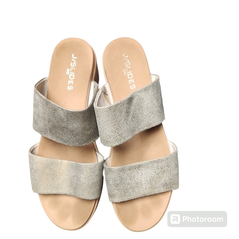 J SLIDES Gray Goring Metallic Cushioned Quincy Round Toe Wedge Slip On Sz. 10